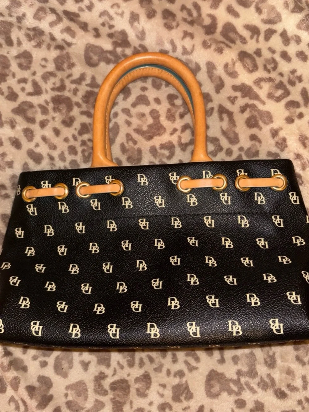 Dooney & Bourke Black Logo Tote with Tan Trim and Tassels
